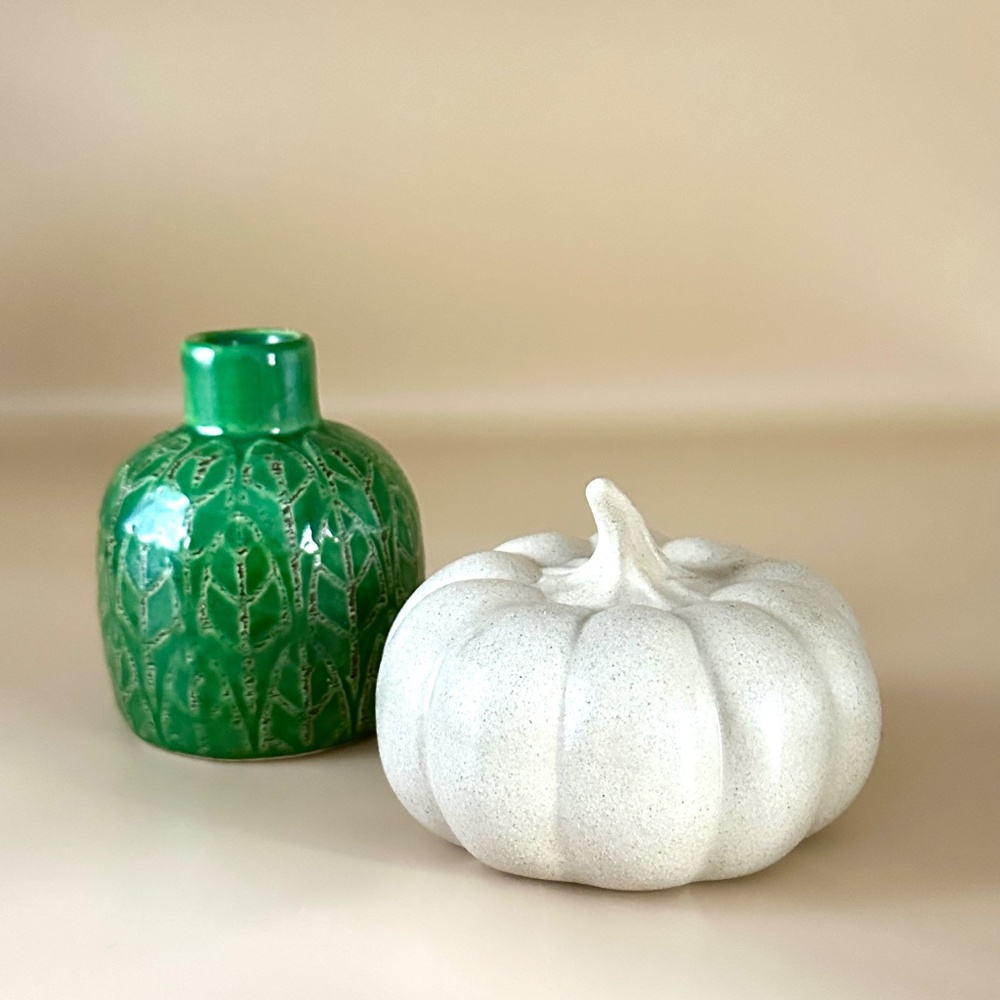 Small Green Vase and Pumpkin Decor